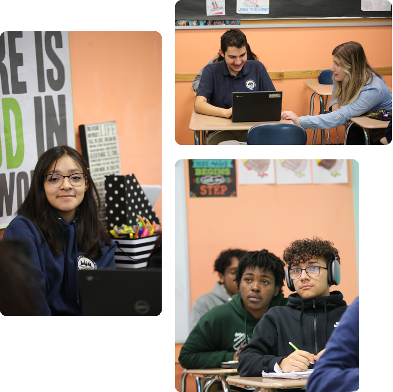 Students engaged in learning and interacting in a classroom collage